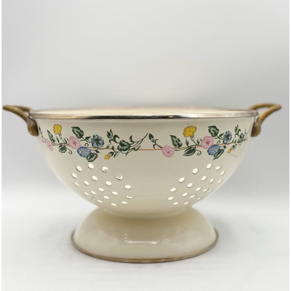 Vtg Enamel Brass Colander Cream Multicolor Floral Pattern 8.5" Metal Berry Bowl